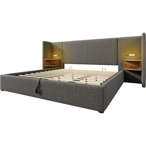 Doppelbett 180x200 mit Nachttischablage, Leselampe und USB-C-Anschlüssen, grau (1/5)