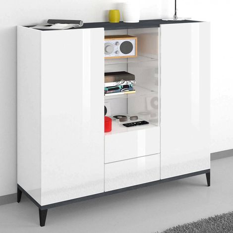 Dmora - Aparador Dla, Aparador de cocina con 2 puertas y 2 cajones, Buffet de salón, 100% Made in Italy, cm 120x40h133, Blanco brillo y Pizarra (1/5)