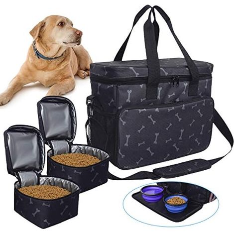Sac de voyage pour chien lavable, sac de rangement isotherme avec compartiments, gamelle et abreuvoir pliables (Noir)