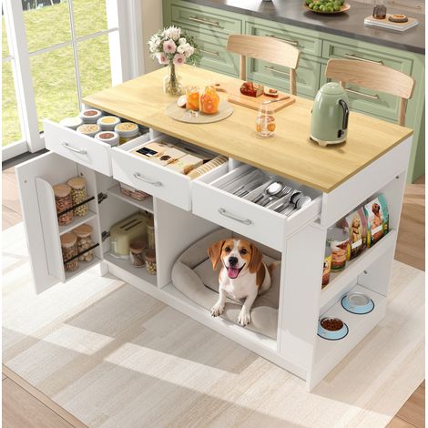Îlot de cuisine 120x60x90 cm blanc en MDF avec 3 tiroirs, étagère réglable et espace pour animal (1/5)