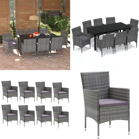 Set Pranzo da Giardino 9 pz con Cuscini in Polyrattan Grigio - Sedie da giardino - Tavolo da pranzo esterno