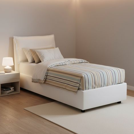 Talamo Italia Cama individual Evelyn, Cama contenedor con revestimiento de tela, 100% Made in Italy, Apertura frontal, con colchón Cm 90x200 incluido, Crema, con embalaje reforzado (1/5)