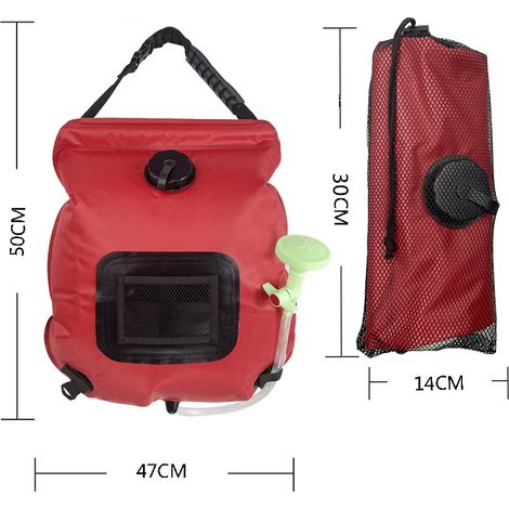 Sac de douche portable solaire 20 L avec tuyau détachable et pommeau de douche interchangeable rouge-AquaForge