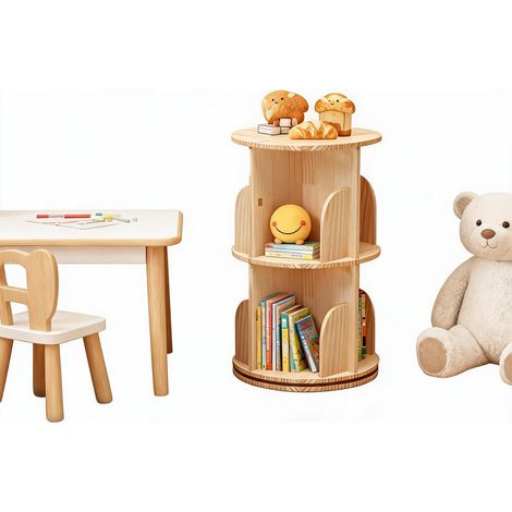 Bibliothèque Rotative 360° Bois Massif 2 Niveaux 39x39x67 cm (1/5)