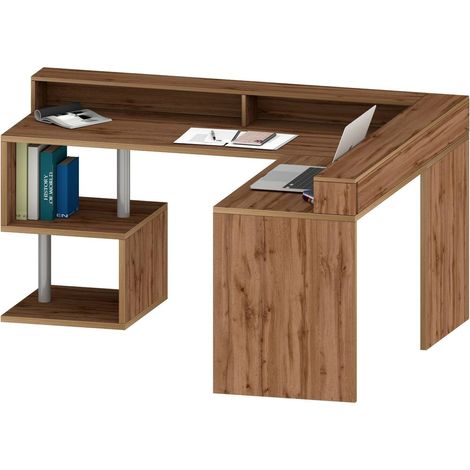 Dmora - Scrivania Auletta, Scrittoio angolare con ripiani portaoggetti, Scrivania ufficio multiuso con sopralzo, 180x60h93 cm, Rovere