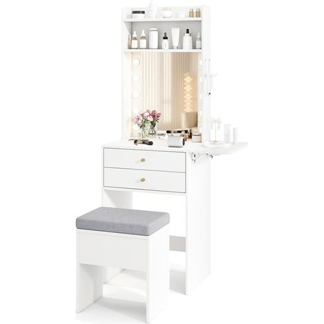 COSTWAY Toeletta da Trucco con Luci LED a 3 Colori e Sgabello, Tavolo da Trucco con Specchio e Stazione di Ricarica, Postazione Trucco con 2 Cassetti, 2 Ripiani e Piano d'Appoggio a Ribalta, Bianco (1/5)