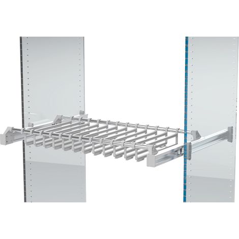 Porte-pantalons coulissant extensible en acier et nylon – Décor gris alu – Largeur 750 à 1150 mm – Profondeur 510 mm – 12 bras amovibles – Ambos (1/4)