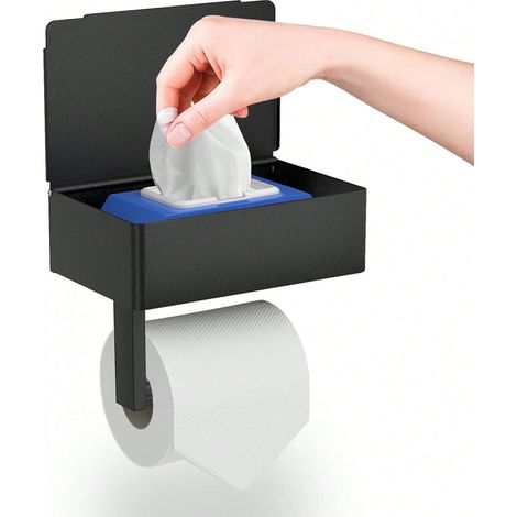 Porte-papier toilette mural sans perçage avec étagère et boîte à lingettes humides, noir, pour salle de bain et cuisine (1/5)