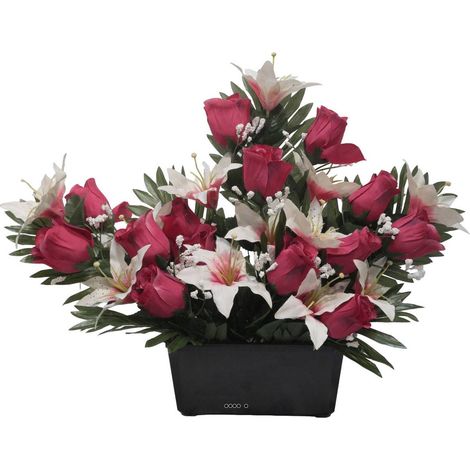 Devant de tombe de Rose et Lys tigré Rose fushia artificiels pour la Toussaint - couleur: Rose fushia 730 (1/3)