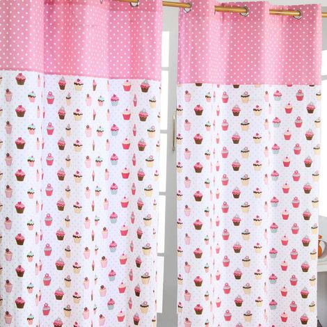 HOMESCAPES Gardinen mit Ösen Cupcakes rosa blau 2er Set 100% Baumwolle, 137x117 cm