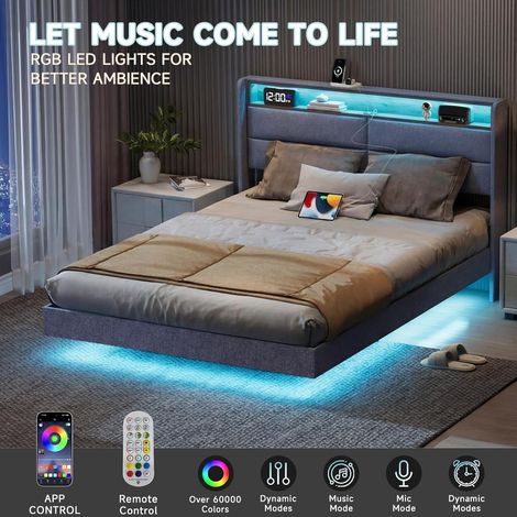 HAUSPROFI 5FT King Floating Bed Frame, with Smart RGB LED Lights, USB Type-C Charging Station & Upholstered Storage Headboard, Modern Platform Bed, Linen Fabric, Grey, 150x210.5cm (No Mattress) (1/5)