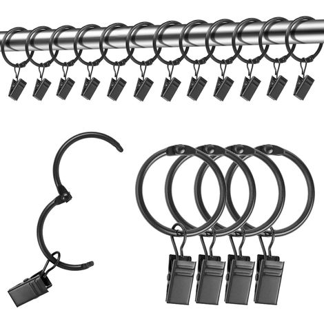 Lot de 25 anneaux de rideau en métal avec clips pour fenêtre, porte, rideau de douche, diamètre intérieur 32 mm, noir (1/5)