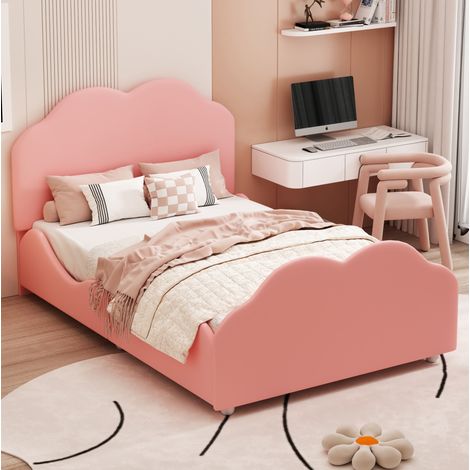 MEUBLIV Lit enfant 90 x 200 cm rose – tête de lit nuage, barrière, sans matelas (1/5)