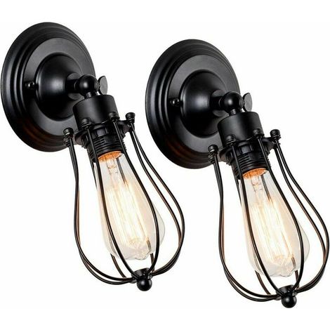 Lot de 2 Applique Murale Industrielle Métal Fer Luminaire Vintage Retro pour Maison de Champagne Café Loft Cuisine Salon et chambre d'hôtel, E27 Noir (1/4)