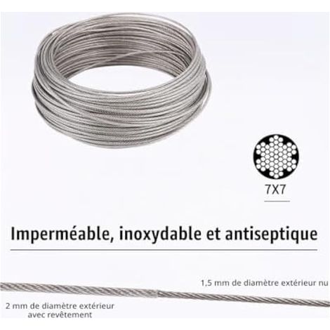 30mm Corde en Acier Inoxydable Suspendre Kit, 2mm Cable Acierd Revêtu de PVC avec Tendeur et Crochet a Visser, pour Fil à Linge, Treillis Plante Grimpante, Cable Suspension Luminaire, Cloture Jardin. (1/3)