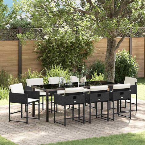 Garten Essgruppe mit Kissen 9 pcs Schwarz Poly-Rattan