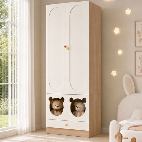 Armadio per bambino a 2 ante, 80 x 50 x 200 cm, con asta e cassetti, bianco e legno DESVIAE (1/5)