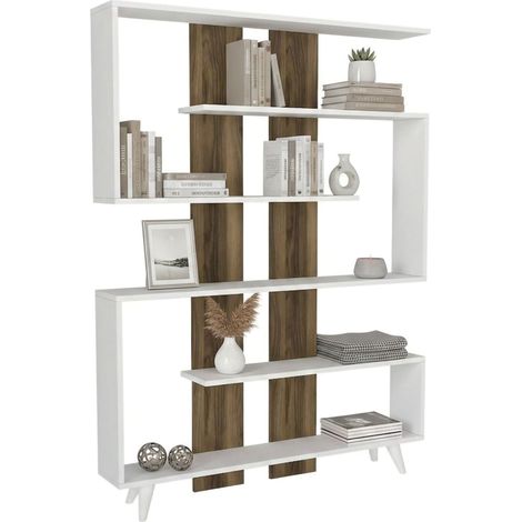 Dmora - Bücherregal Gienah, Büroregal, Mobiler Buchhalter, Bücherbrett, 120x20h162 cm, Weiß und Walnuss, mit verstärkter Verpackung