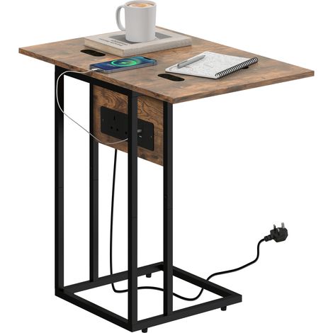 Rustic Brown C Shaped Side Table with Charging Station and Foldable Top for Living Room