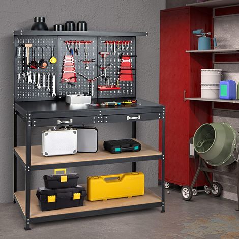 GOPLUS Établi Outil avec Panneau Perforé, Table de Travail avec 2 Tiroirs, 3 Etagères, Crochets pour 25 Accessoires Suspendus, Etabli en Métal avec pour Garage, Atelier, Charge 435kg