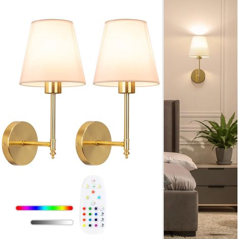 Lot de 2 appliques murales rechargeables avec télécommande, intensité variable, 3 températures de couleur réglables, modes d'éclairage RVB, doré (1/5)