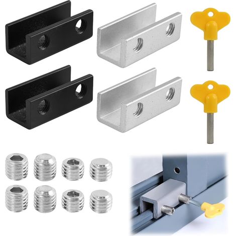 Lot 4 Verrous Fenêtre Coulissants Réglables Alliage – Verrous Inox Sécurité Enfant Antivol sans Perçage – 2 Clés – Pour Portes/Fenêtres – Noir/Argent (1/5)