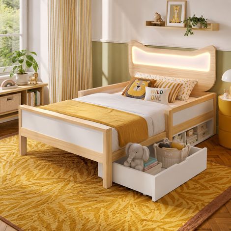 Lit enfant 90x200 cm, Lit cabane avec barrière de sécurité et tiroir de rangement, tête de lit oreilles de chat et LED RGB, Blanc et Chêne
