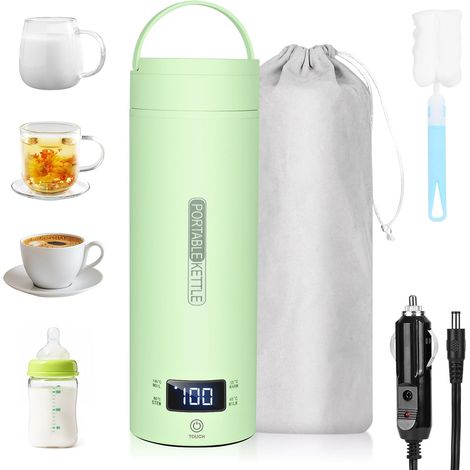 Bouilloire de Voyage, 500ml Mini Bouilloire Electrique, 96 W Petite Bouilloire Electrique, Chauffe Eau Portable pour Café, Lait, Thé Voiture (12V) (Vert) (1/5)