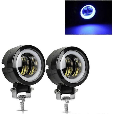 2 barres lumineuses LED rondes étanches de 3 pouces (7,6 cm) et 40 W avec anneaux bleus, 12 V/24 V, 6500 K, pour motos et véhicules tout-terrain. 2 anneaux bleus inclus. (1/5)