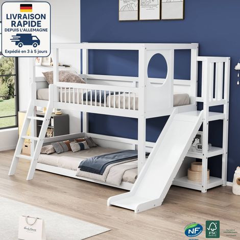 Lit superposé 90x200 - Lit enfant 90x200 - protection antichute, toboggan et fenêtre, Bois Certifié PEFC, blanc (1/4)