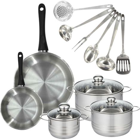 Set 2 poêles 20 28 cm, 3 faitouts 16, 20 et 24 cm en inox et 6 ustensiles inox Fackelmann Geneva (1/5)