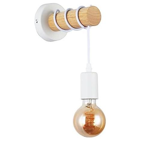 Applique murale ronde en bois naturel à LED, douille E27, câble de suspension blanc, style nordique rétro, convient aux couloirs, chambres et salons [Classe énergétique A] (1/5)