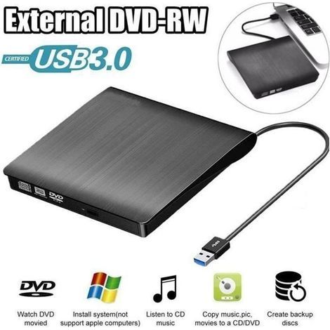 Lecteur Graveur DVD CD Externe USB 3.0 Ultra Slim Portable - Noir - Plug and Play - Haute Vitesse (1/4)
