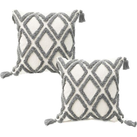 Lot de 2 taies d'oreiller rembourrées Boho blanc gris, taie d'oreiller en velours tufté super doux avec franges, motif de lignes ondulées classiques, convient au canapé 45,7 x 45,7 cm, ligne grise (1/5)