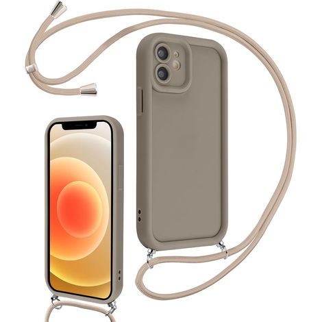 Coque pour iPhone 12 6,1" avec Cordon de Collier Réglable, Etui Protection de la Caméra Silicone Souple TPU Antichoc Housse avec Corde Lanyard Cover pour Femmes Filles, Kaki (1/5)