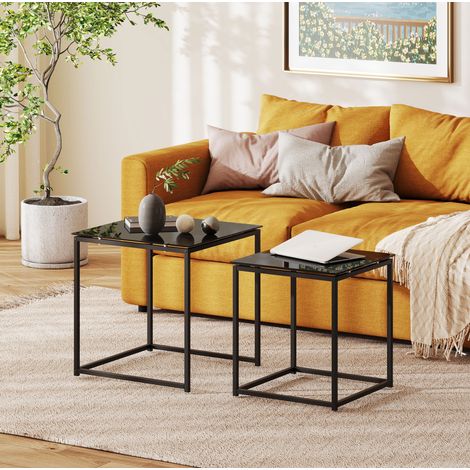 Set de 2 mesas auxiliares 50x50x52 cm y 42x42x42 cm negras de acero con vidrio templado apilables (1/5)