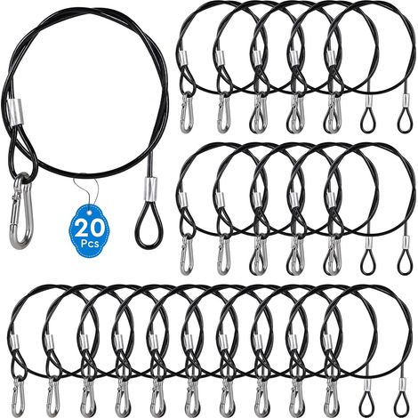 20 x 52 mm Edelstahl-Sicherheitsseile mit Karabinerhaken Nr. 4, 3 mm Tragseile mit transparenter PVC-Ummantelung, Tragfähigkeit 25 kg