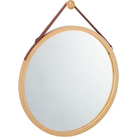 Miroir rond à accrocher en bambou naturel Sangle réglable 50-100 cm Diamètre 41,5 cm Pour salle de bain et couloir (1/5)