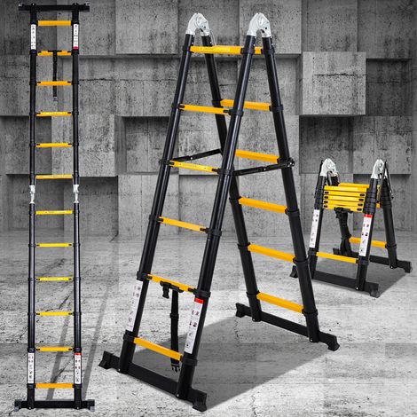Wolketon Échelle télescopique Échelle pliante Aluminium Escabeau sans crochets Avec stabilisateur Avec roues 1.9m+1.9m jaune-noir