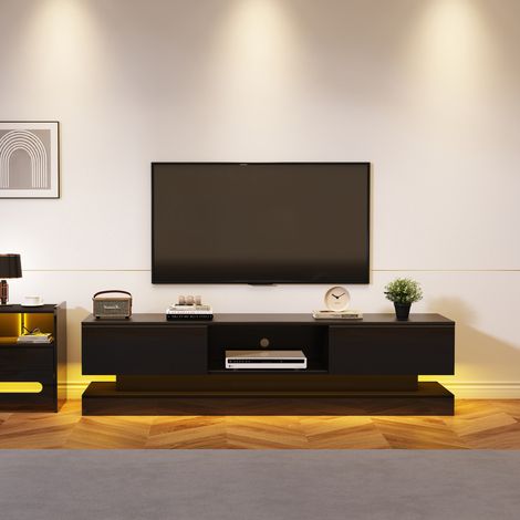 meuble tv rangement 160 cm 2 tiroirs LED noir brillant OKMYHOME (1/5)