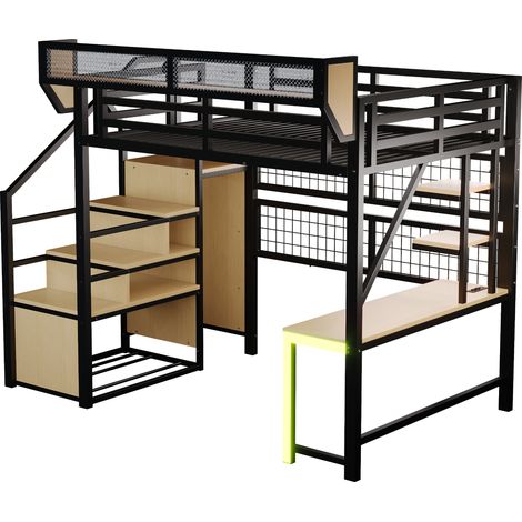 Letto a soppalco in metallo 140 x 200 cm con scrivania, ripiani, LED e presa, nero (1/5)