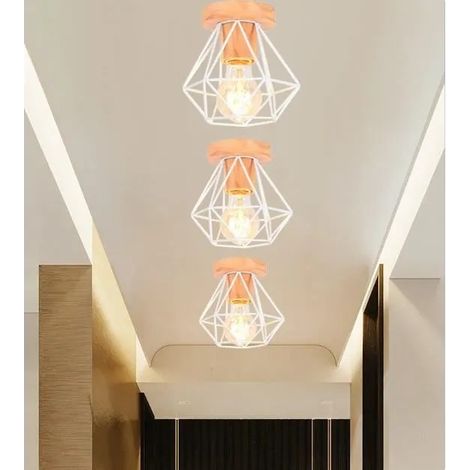 U-Do 3Pcs Plafonnier Créatif Lampe Cage en Fer Bois E27 Lustre de Plafonde Luminaire Blanc design Vintage pour Salon Cuisine Bureau (1/4)