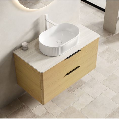 Mobile bagno sospeso 90 cm con lavabo ovale bianco in ceramica e piano in pietra sinterizzata OKWISH (1/5)