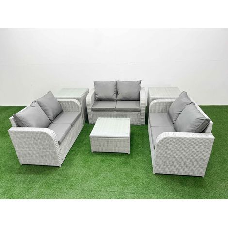 Fimous 6 Seater PE Wicker Rattan Furniture Sofa Sets with Square Coffee Table 2 Seater Love Sofa 2 Side Table Light Grey (1/4)