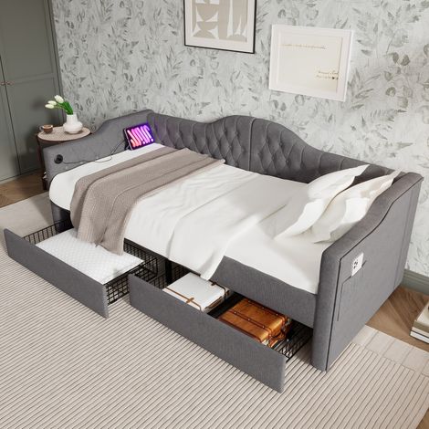 Cama de día tapizada en lino gris 90x200 cm con 2 cajones, bolsillos laterales y puertos USB y Type-C (1/5)