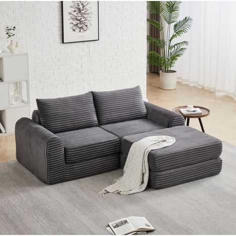 Sofá cama modular gris de pana con chaise móvil HAVRYA (1/5)