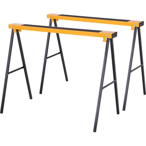 Lot de 2 tréteaux pliables compactes poignée transport dim. 100L x 50l x 76H cm surface antidérapante métal noir jaune