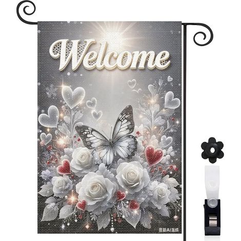 Drapeau de jardin décoratif 30 x 45 cm motif papillon réaliste et roses toile double face résistante pour extérieur (1/5)
