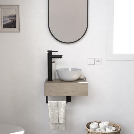 Mob-In – Meuble lave-mains SOHO 40cm en PPM – Plan épais avec vasque blanche et miroir ovale – Gain de place pour petits espaces (1/5)