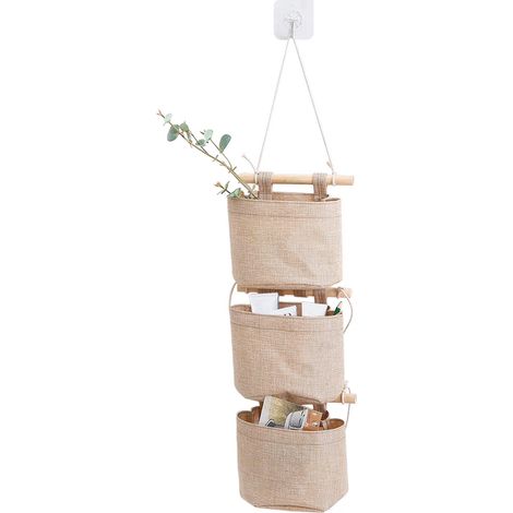 Sac De Rangement Suspendu En Coton Et Lin - 3 Poches - Pour Porte De Placard Ou De Salle De Bain - Khaki - 1 Pièce (1/5)